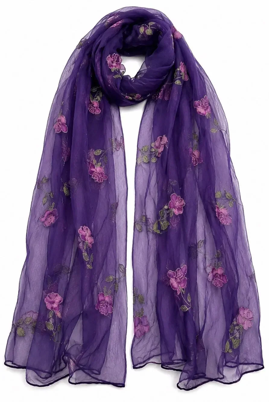 100% Silk Purple Sheer Floral Rose Scarf Shawl Wrap Metallic Accent 68x31